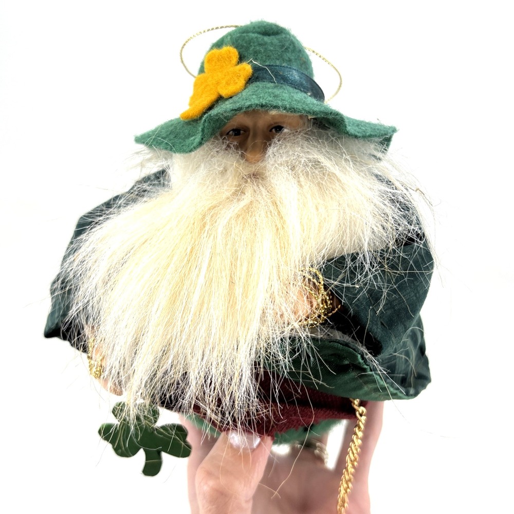 Irish Santa Round Ball Ornament Clover Leprechaun Long Beard 6"